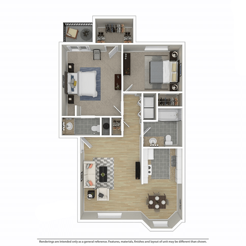 Floor plan for 2 beds, 2 baths, 995 sqft